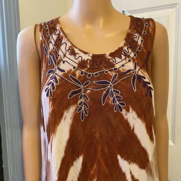 Pams Muumuu Brown Tie Dye Embroidery BOHO Midi Dress FreeSize Cottagecore Casual - Picture 6 of 8